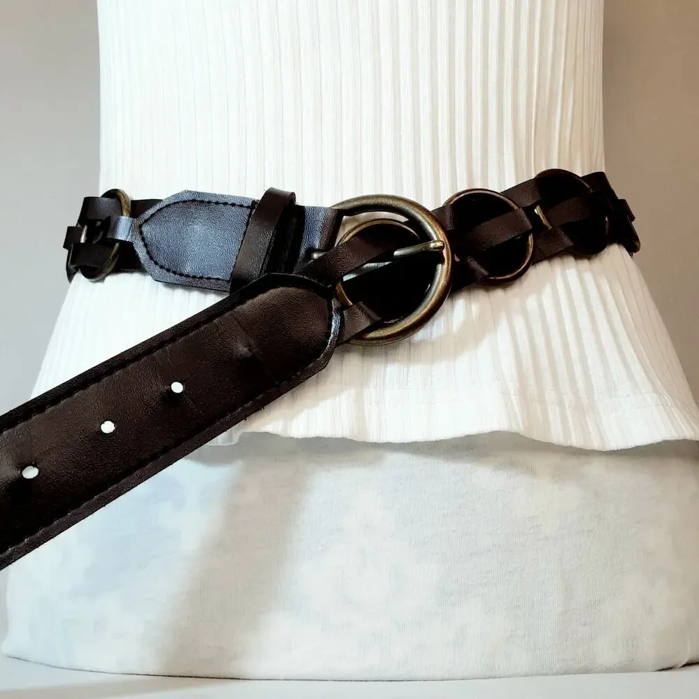 💎Unisex Dark Brown Faux Leather Belt L Antique Brass Rings Multi Strap Design
